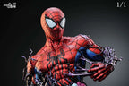 Spider-Man 1/1 resin Figure and Statue bust by 27 Abyss Studio, close-up front view of the Marvel hero's chest emblem, suit texture and display base.