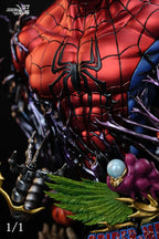 Rear view of the Spider-Man 1/1 resin Figure and Statue bust by 27 Abyss Studio, showing the Marvel suit pattern and black symbiote tendrils.