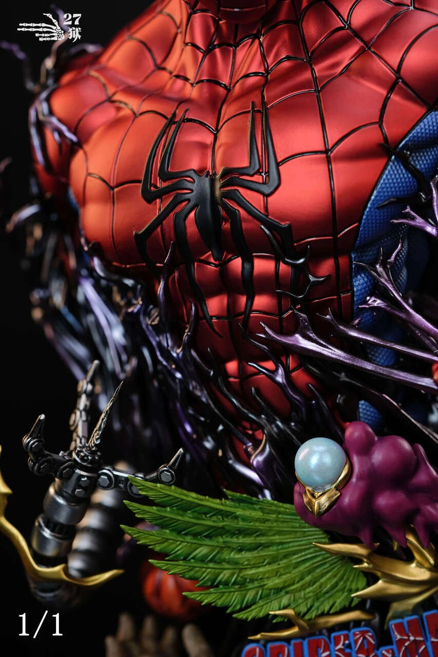 Rear view of the Spider-Man 1/1 resin Figure and Statue bust by 27 Abyss Studio, showing the Marvel suit pattern and black symbiote tendrils.