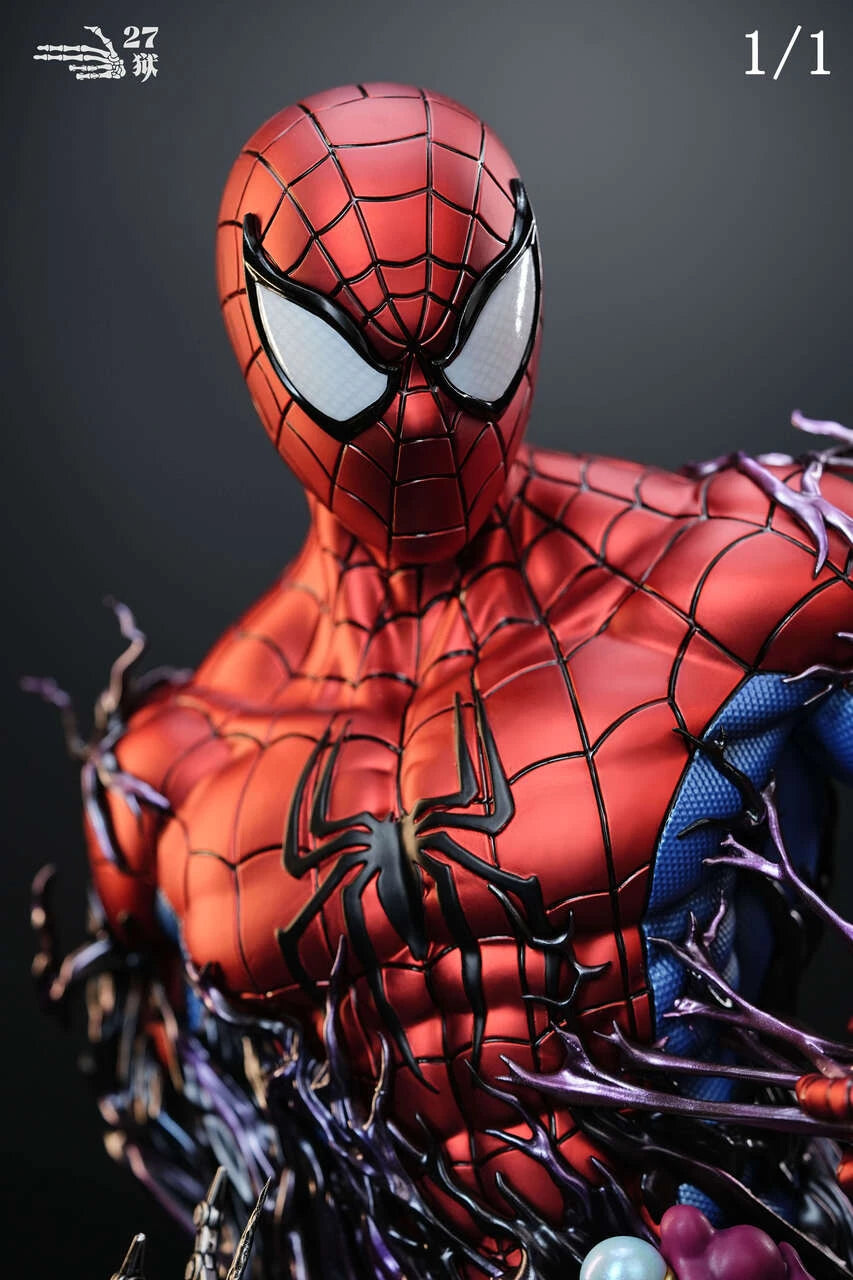 Three-quarter side view of the Spider-Man 1/1 resin Figure and Statue bust by 27 Abyss Studio, highlighting the Marvel character's head, shoulder and symbiote sculpt.
