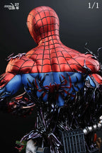 Close-up portrait of the Spider-Man 1/1 resin Figure and Statue bust by 27 Abyss Studio, showing the Marvel mask, chest emblem and painted web pattern.