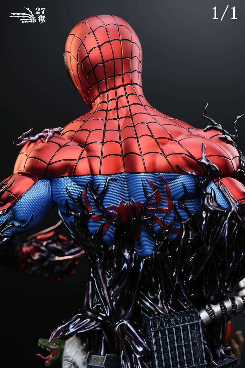Close-up portrait of the Spider-Man 1/1 resin Figure and Statue bust by 27 Abyss Studio, showing the Marvel mask, chest emblem and painted web pattern.