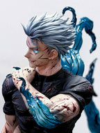Gojo Satoru 1/6 resin Figure and Statue by Damocles Studio from Jujutsu Kaisen, front-left portrait with vivid blue eyes and cursed energy