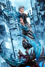 Gojo Satoru 1/6 resin Figure and Statue by Damocles Studio from Jujutsu Kaisen, Deluxe full view with shrine base and sweeping blue energy effects