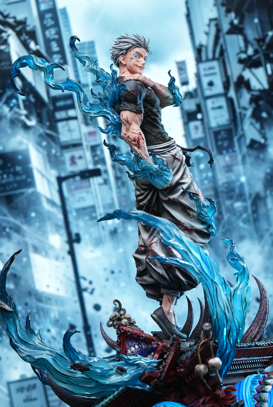Gojo Satoru 1/6 resin Figure and Statue by Damocles Studio from Jujutsu Kaisen, Deluxe full view with shrine base and sweeping blue energy effects