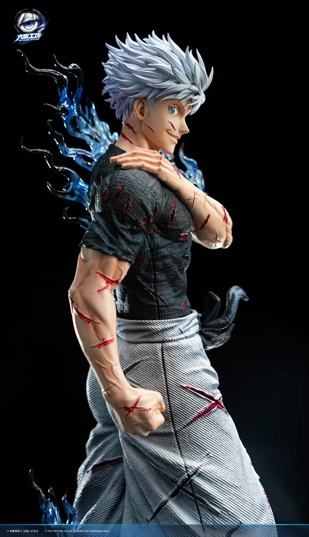 Gojo Satoru 1/6 resin Figure and Statue by Damocles Studio from Jujutsu Kaisen, right-profile portrait highlighting the white hair and sculpt