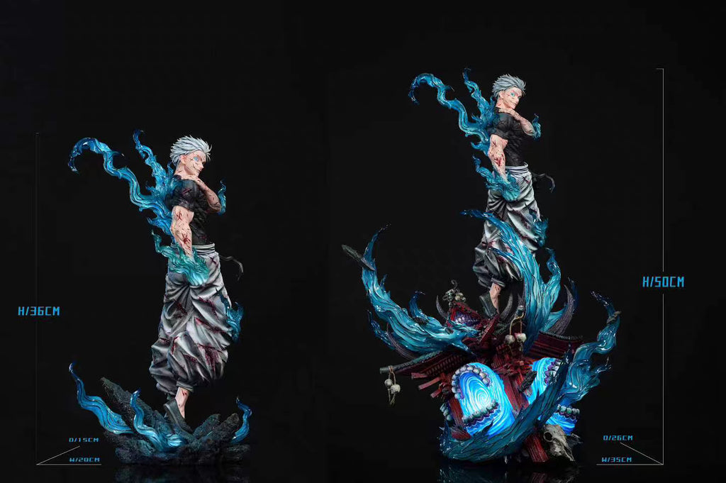 Gojo Satoru 1/6 resin Figure and Statue by Damocles Studio from Jujutsu Kaisen, Regular and Deluxe version size comparison on black background