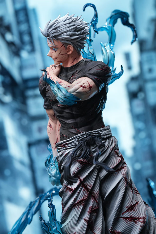 Gojo Satoru 1/6 resin Figure and Statue by Damocles Studio from Jujutsu Kaisen, left-profile upper-body view with translucent blue energy