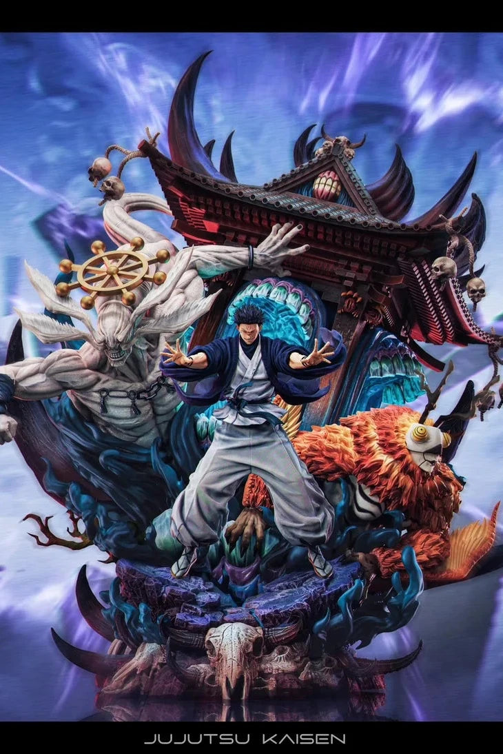 Ryomen Sukuna 1/6 resin Figure and Statue by ZanyJoke x Temple Studio, full front view with Mahoraga and shikigami, Jujutsu Kaisen collectible