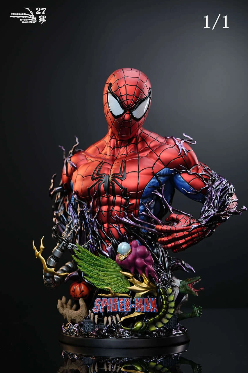 Spider-Man 1/1 resin Figure and Statue bust by 27 Abyss Studio from the Marvel Universe, full front view with symbiote details and themed display base.